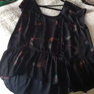 Navy blue cap sleeve whimsical print blouse